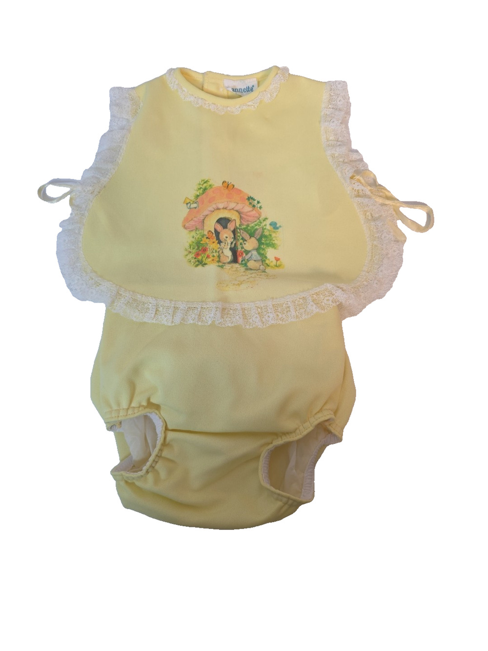 Vintage Nannette Baby Girl Bib Smock Bloomers Yellow Rabbit Mushroom Graphic 2pc